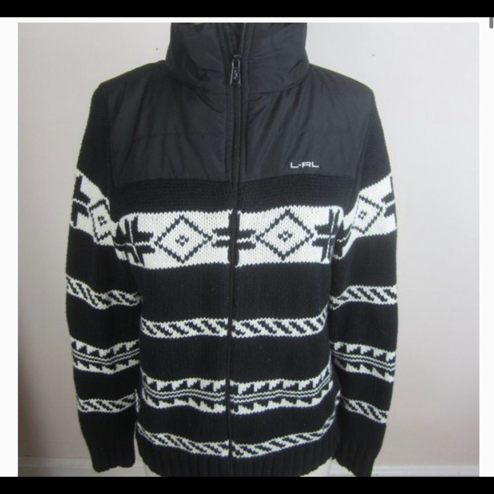 Ralph Lauren Full Zip Fair Isle Ski Sweater Color: Black+White Size: Small